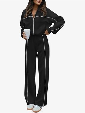 Black Wide-Leg 2 Piece Track Suit with White Piping